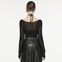 OPT-858TCF Gothic Halterneck Long Sleeve Mesh Punk T-Shirt?-??Punk Rave Clothing