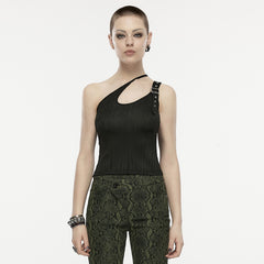 OPT-861BXF Black Asymmetrical Buckle Strap Ribbed Punk Shirts for Women