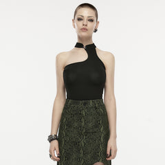 OPT-862BXF Asymmetric Black Choker Punk T-Shirts Edgy Streetwear Style