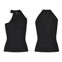 OPT-862BXF Asymmetric Black Choker Punk T-Shirts Edgy Streetwear Style