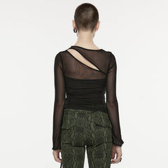 OPT-866TCF Gothic Oblique Slit Mesh Long-Sleeve Punk T-Shirt?-??Punk Rave Clothing