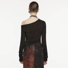 OPT-872TCF Asymmetric Slant Neck Ruched Long Sleeve Punk Shirt?-??Punk Rave Clothing