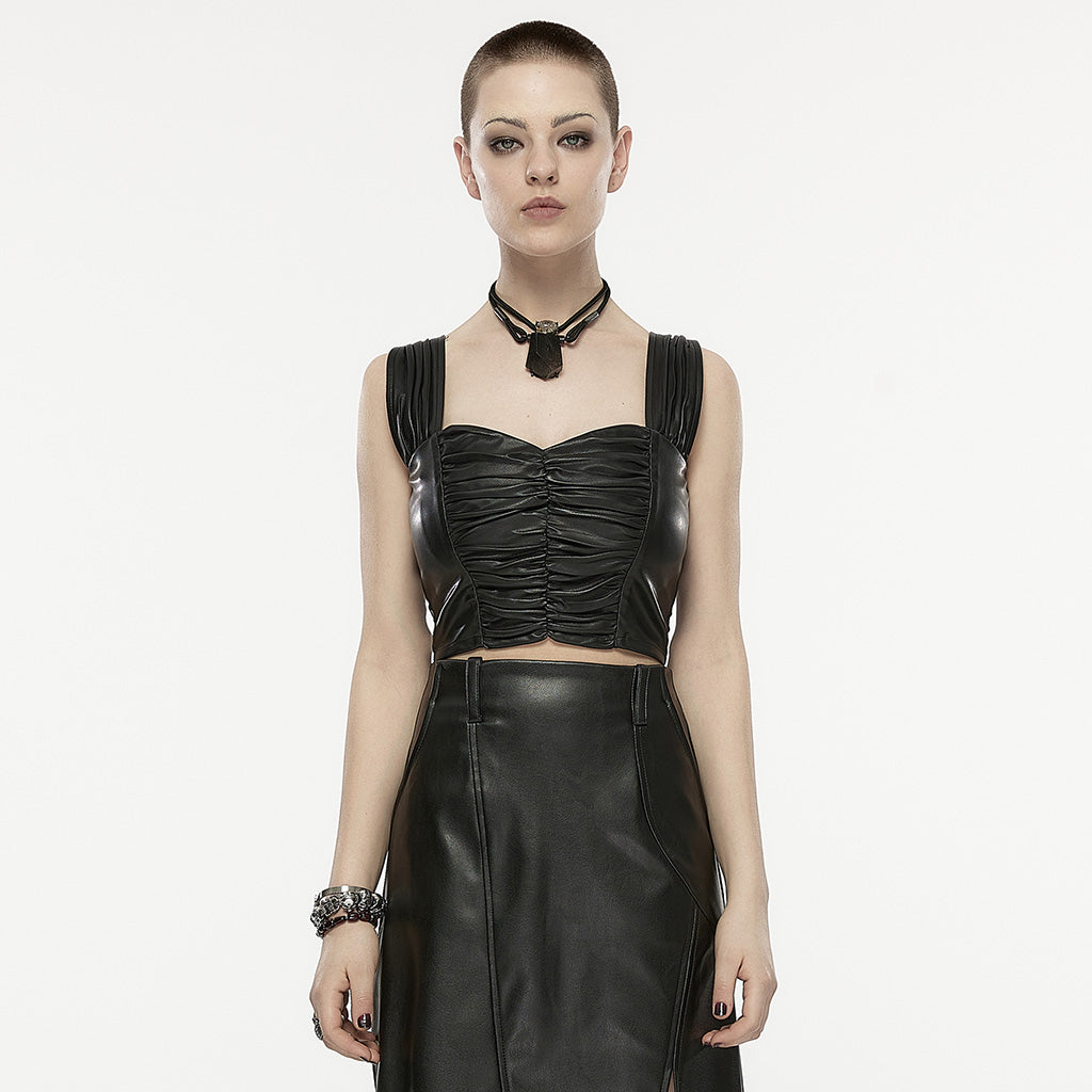 OPT-874BXF Edgy Pleated Faux Leather Punk Crop Vest?-??Punk Rave Clothing