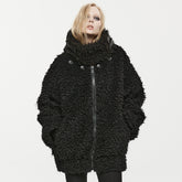OPY-708XCF Punk Coat Oversized Furry Black Jacket High Collar Zippered Style