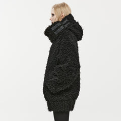 OPY-708XCF Punk Coat Oversized Furry Black Jacket High Collar Zippered Style