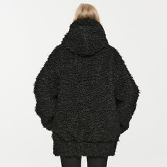 OPY-708XCF Punk Coat Oversized Furry Black Jacket High Collar Zippered Style