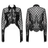OPY-751XDF Gothic Lace Punk Jackets Black Mesh Embroidered Cropped Design Gothic Lace Mesh Punk Jackets with Leather Trim Details Edgy Lace Gothic Jacket with Mesh and Leather Details