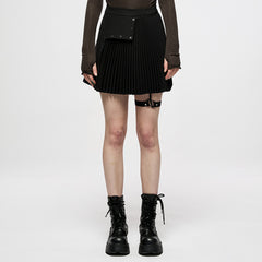 OQ-005BQF Edgy Black Pleated Mini Punk Skirt with Snap Pockets