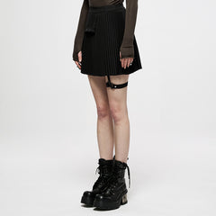 OQ-005BQF Edgy Black Pleated Mini Punk Skirt with Snap Pockets