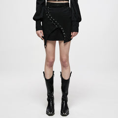 OQ-007DQF Edgy Black Punk Skirt with Belted Zipper Detail