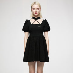 OQ-012LQF Gothic Dress Black Puff Sleeve Cross Neckline Mini Dress