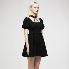 OQ-012LQF Gothic Dress Black Puff Sleeve Cross Neckline Mini Dress
