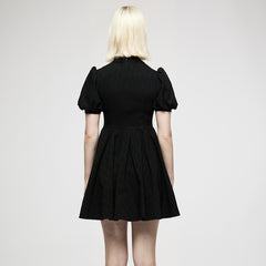 OQ-012LQF Gothic Dress Black Puff Sleeve Cross Neckline Mini Dress