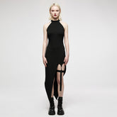 OQ-015LQF Edgy Asymmetrical Halter Punk Dress with Chain Detail