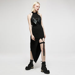 OQ-015LQF Edgy Asymmetrical Halter Punk Dress with Chain Detail