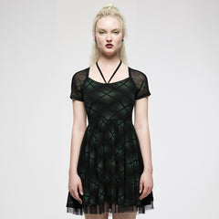 OQ-021LQF Edgy Mesh Punk Dresses with Halter Neck Top Skater Style
