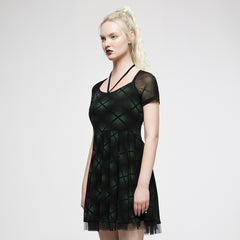 OQ-021LQF Edgy Mesh Punk Dresses with Halter Neck Top Skater Style