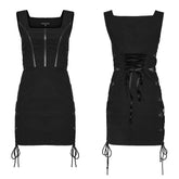 OQ-647LQF Edgy Black Lace-Up Bodycon Punk Dress with Sleek Details