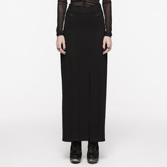 OQ-707BQF Edgy Long Black Pleated Punk Skirt with Belt Accents