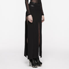 OQ-707BQF Edgy Long Black Pleated Punk Skirt with Belt Accents