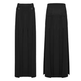 OQ-707BQF Edgy Long Black Pleated Punk Skirt with Belt Accents