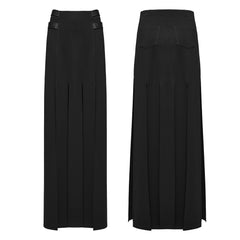 OQ-707BQF Edgy Long Black Pleated Punk Skirt with Belt Accents