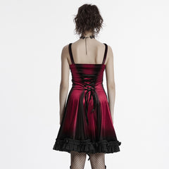 OQ-780DQF Velvet Gothic Dress Red Black Lace Trim Strappy Design