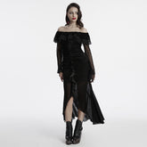 OQ-786LQF Gothic Dress Off-Shoulder Black Lace Ruffle Mesh Sleeves Elegant