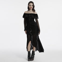OQ-786LQF Gothic Dress Off-Shoulder Black Lace Ruffle Mesh Sleeves Elegant