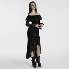 OQ-786LQF Gothic Dress Off-Shoulder Black Lace Ruffle Mesh Sleeves Elegant