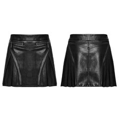 OQ-790BQF Edgy Leather Punk Skirt with Zipper and Pleated Panels