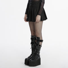 OQ-804BQF Edgy Pleated Punk Skirt with Skull Buckle Details
