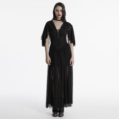 OQ-805LQF Elegant Gothic Dress Sheer Lace Layered Sleeves Corset Waist Long Gown