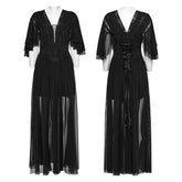 OQ-805LQF Elegant Gothic Dress Sheer Lace Layered Sleeves Corset Waist Long Gown