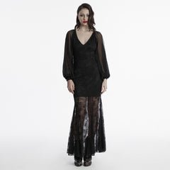 OQ-808LQF Gothic Dress Sheer Sleeve Lace Long Black Maxi Gown