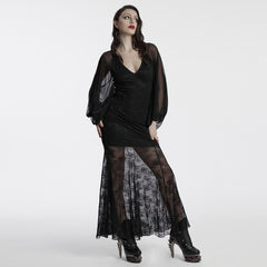OQ-808LQF Gothic Dress Sheer Sleeve Lace Long Black Maxi Gown