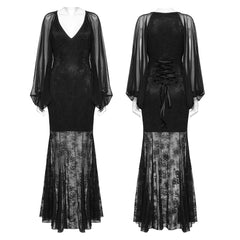OQ-808LQF Gothic Dress Sheer Sleeve Lace Long Black Maxi Gown