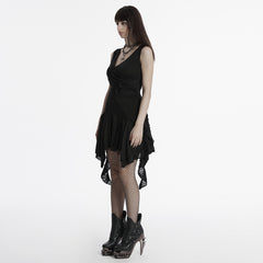 OQ-809LQF Gothic Dress Asymmetrical Layered Black Lace Hem Detailing