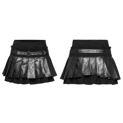 OQ-810BQF Gothic Pleated Punk Skirt with Faux Leather Belted Waist