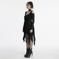 OQ-812LQF Gothic Dress Asymmetrical Lace Cold Shoulder Ruffle Hem Design