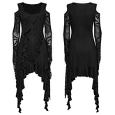 OQ-812LQF Gothic Dress Asymmetrical Lace Cold Shoulder Ruffle Hem Design