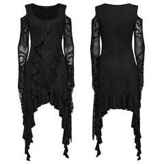 OQ-812LQF Gothic Dress Asymmetrical Lace Cold Shoulder Ruffle Hem Design