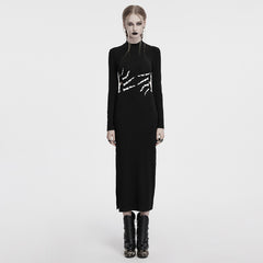 OQ-828LQF Long Sleeve Gothic Punk Dress Skeleton Ribcage Detail Midi
