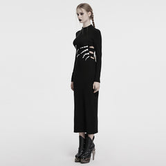 OQ-828LQF Long Sleeve Gothic Punk Dress Skeleton Ribcage Detail Midi