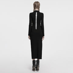 OQ-828LQF Long Sleeve Gothic Punk Dress Skeleton Ribcage Detail Midi