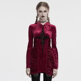OQ-840LQF Gothic Dress Velvet Crimson Cross Lace Detail Long Sleeve