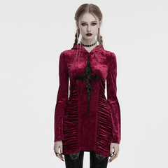 OQ-840LQF Gothic Dress Velvet Crimson Cross Lace Detail Long Sleeve