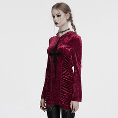 OQ-840LQF Gothic Dress Velvet Crimson Cross Lace Detail Long Sleeve
