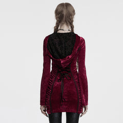OQ-840LQF Gothic Dress Velvet Crimson Cross Lace Detail Long Sleeve