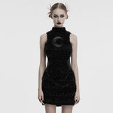 OQ-852LQF Gothic Moon Texture Punk Dress Edgy Black Fashion Statement Gothic Moon Embellished Fuzzy Sleeveless Punk Dresses Gothic Moon Punk Dresses Textured Sleeveless Black Mini Dress